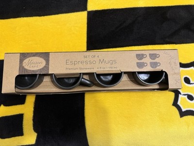 Maison Cafe Set Of 4 Espresso Mugs Cups, Black, Premium Stoneware, 4 Of Oz, New