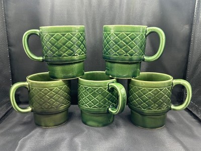 5 Vintage Japan Ceramic Stacking Coffee Mugs Cups - Dark Green Basket Weave