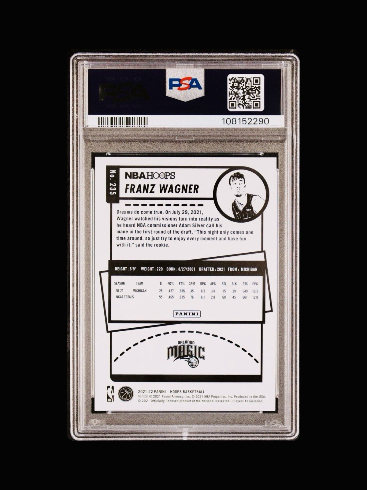 2021 Panini NBA Hoops #235 Neon Green Franz Wagner PSA 10 view 2