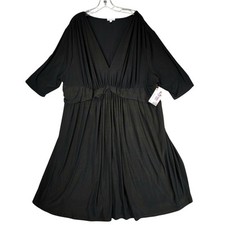 Kiyonna Midi Dress sz 4 Women Black Gold Metallic 3/4 Sleeve Stretch Ruched NEW