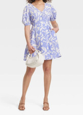 Women's Balloon Short Sleeve Mini Wrap Dress A New Day Blue Print Large NEW