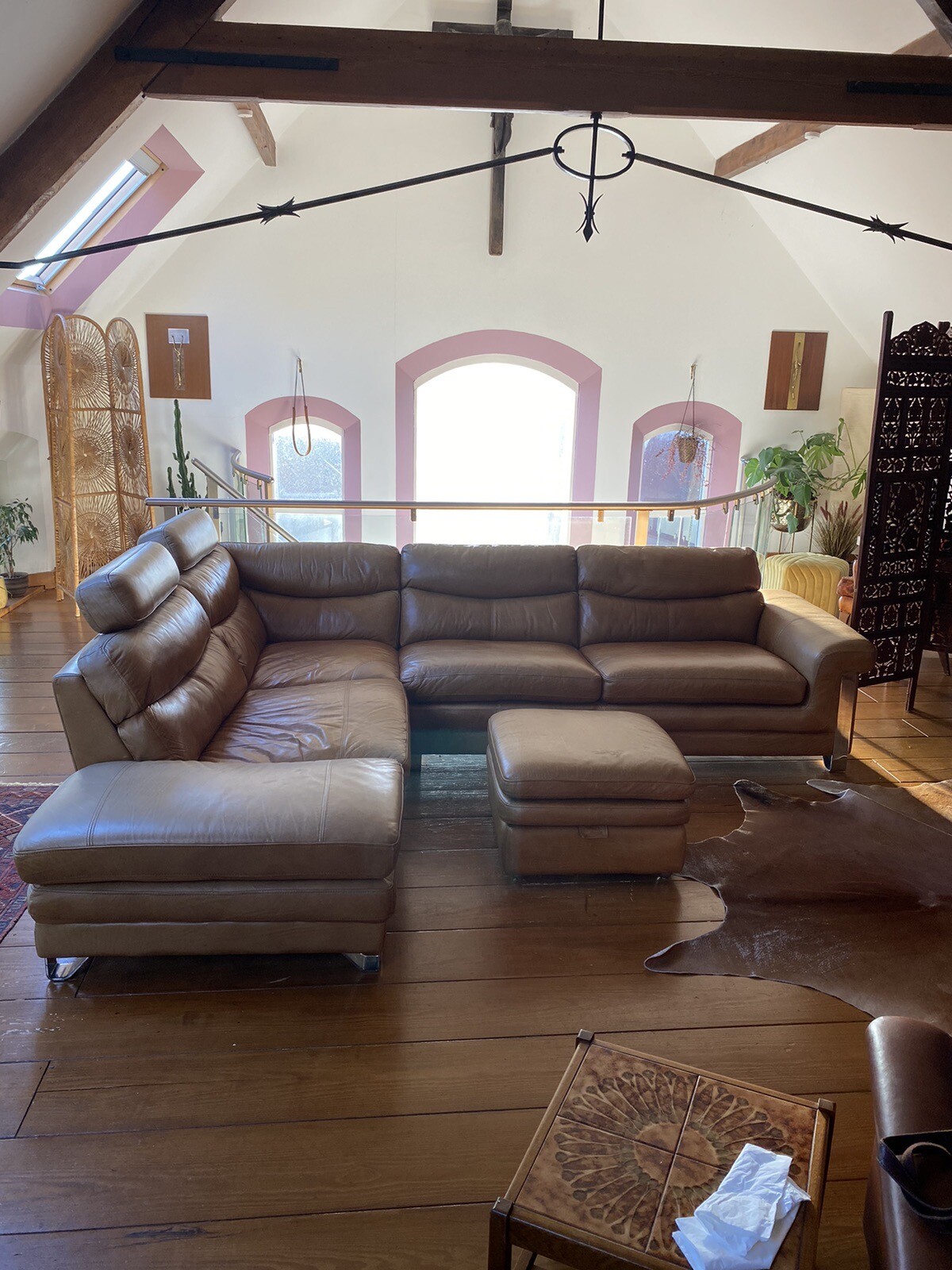 large tan leather corner sofa and footstool eBay