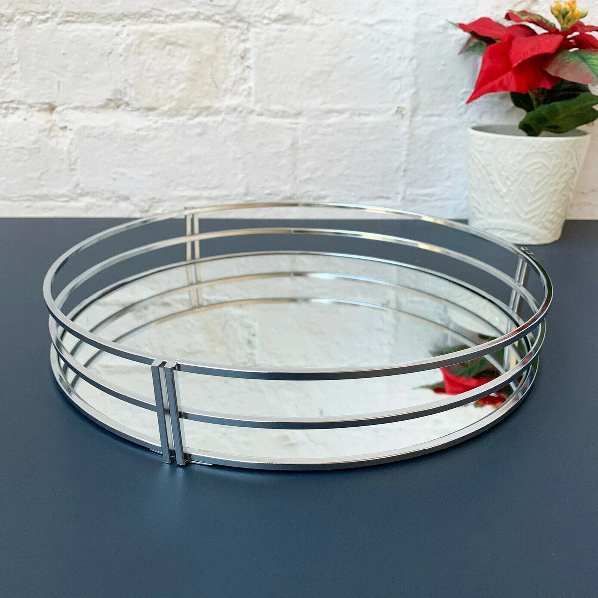 Silver Mirror Tray Round Wire Metal Frame Glass Wedding