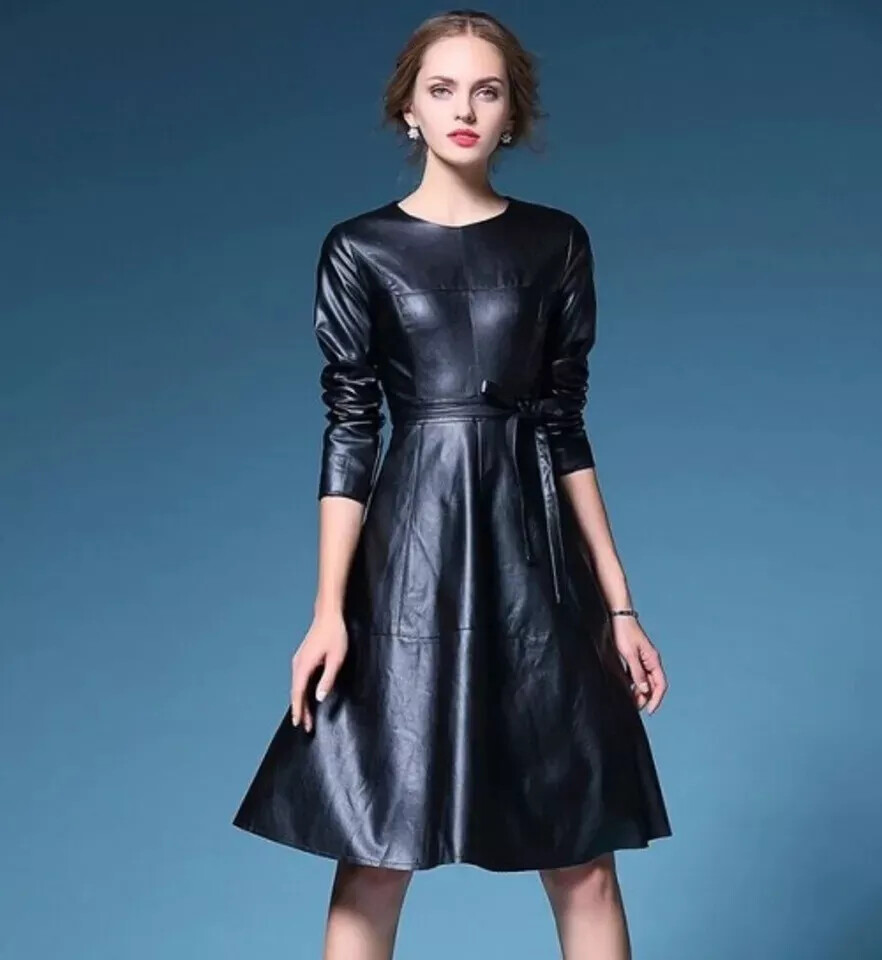 Casual New Dress Handmade Women Black Leather Fashionable Genuine Soft  Lambskin