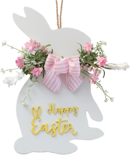 White Easter Bunny Wreaths for Front Door, 18" Spring Flower Wreath with Wooden
