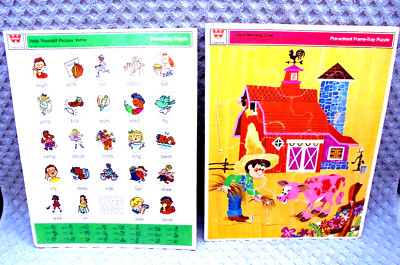 Vintage Whitman Frame Tray Puzzle Set Verbs Words Cow Farm Preschool Educational