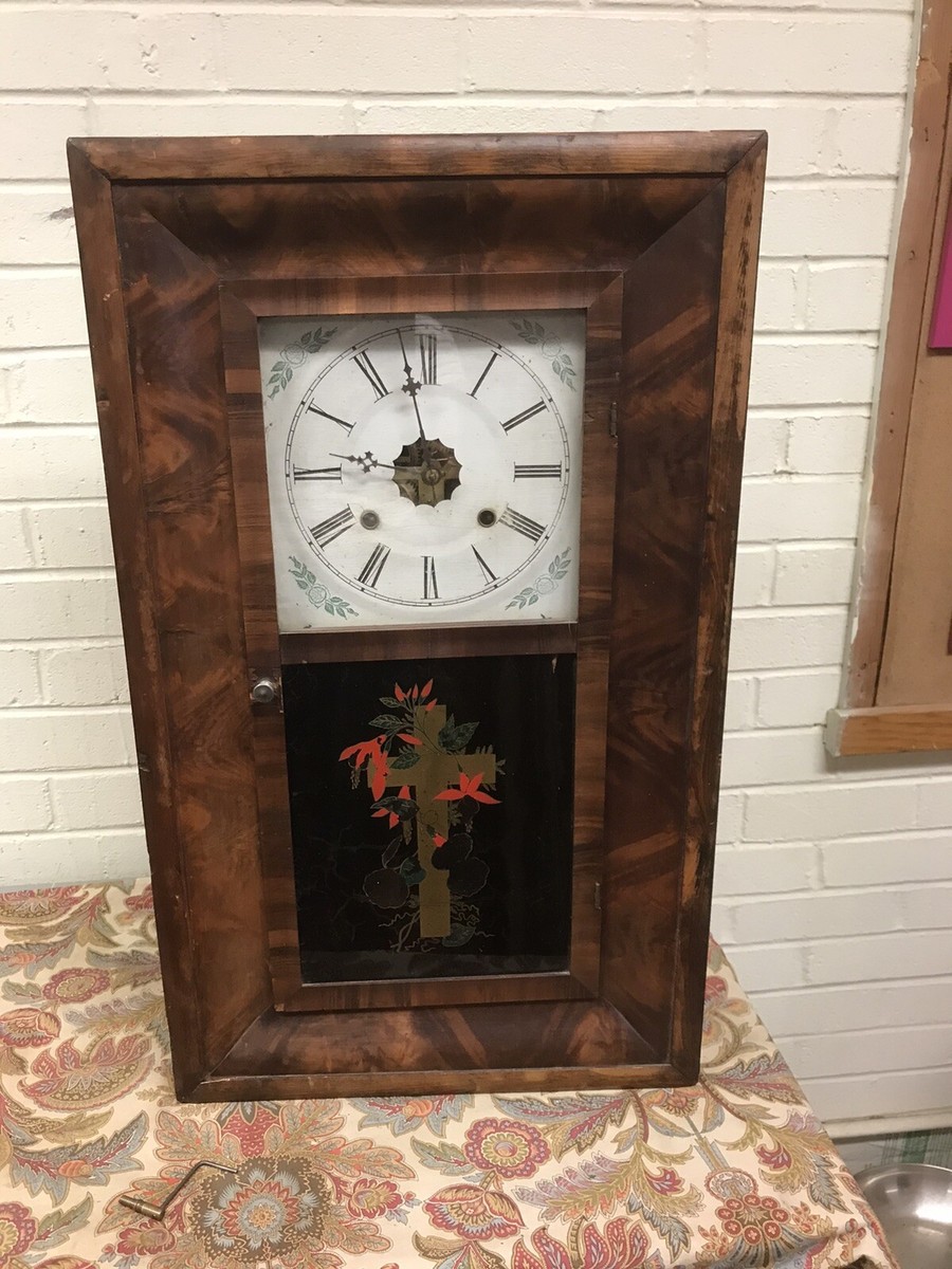ANTIQUE VTG 1880's RELIGIOUS ANSONIA CLOCK W/CROSS, SIDE WEIGHTS
