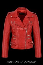 Ladies Catwalk Red Vintage Washed Rock Biker Motorcycle Real Leather Jacket 7113