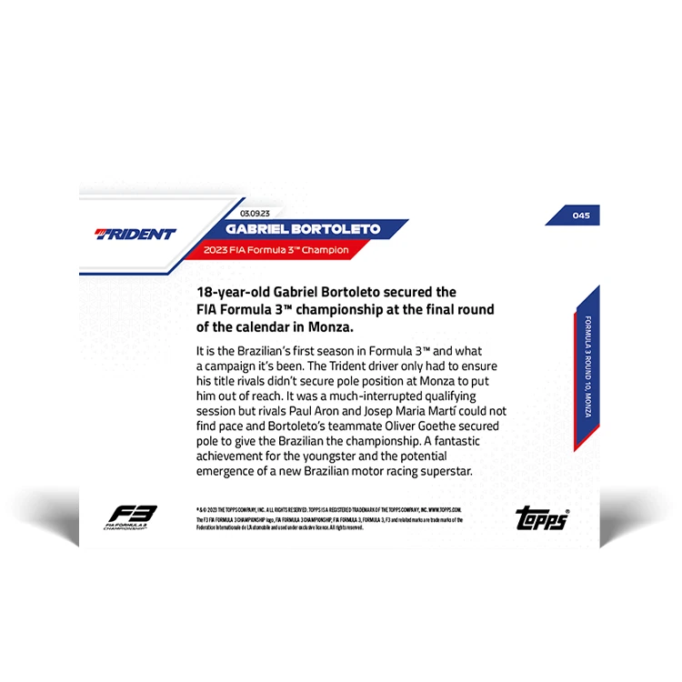 Gabriel Bortoleto - 2023 Topps Now F1 Formula 3 Champ Sauber Trident /1219 #45 - Image 2 of 2
