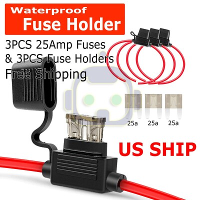 3 Pack 14 Gauge Mini ATC 25A Fuse Holder In-Line AWG Wire Copper 12 Volt Blade