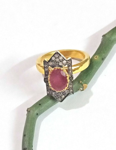 Vittoriano Naturale Originale Rubino & Diamante 925 Argento Anello Birthday - Foto 4 di 12