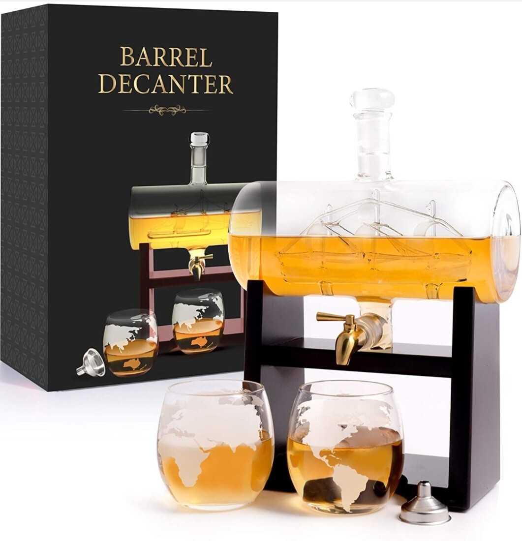 Vintage Whiskey Decanter Set with Antique Barrel Design and Handblown Glass-image