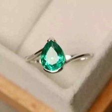 Natural Green Emerald 2Ct Pear Cut Engagement Ring 14k White Gold Plated