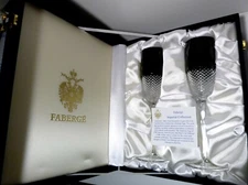 *EXCELLENT* Faberge Crystal FIRENZE (2009) Set 2 Black Champagne Flutes 9 5/8"
