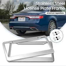 2PCS Silver Stainless Steel Car License Plate Frame Cover Tag With Screw Caps US
