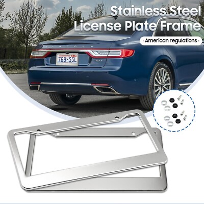 2-Pack Stainless Steel License Plate Frames - Rustproof Universal Cover With Screws & Caps (Silver)