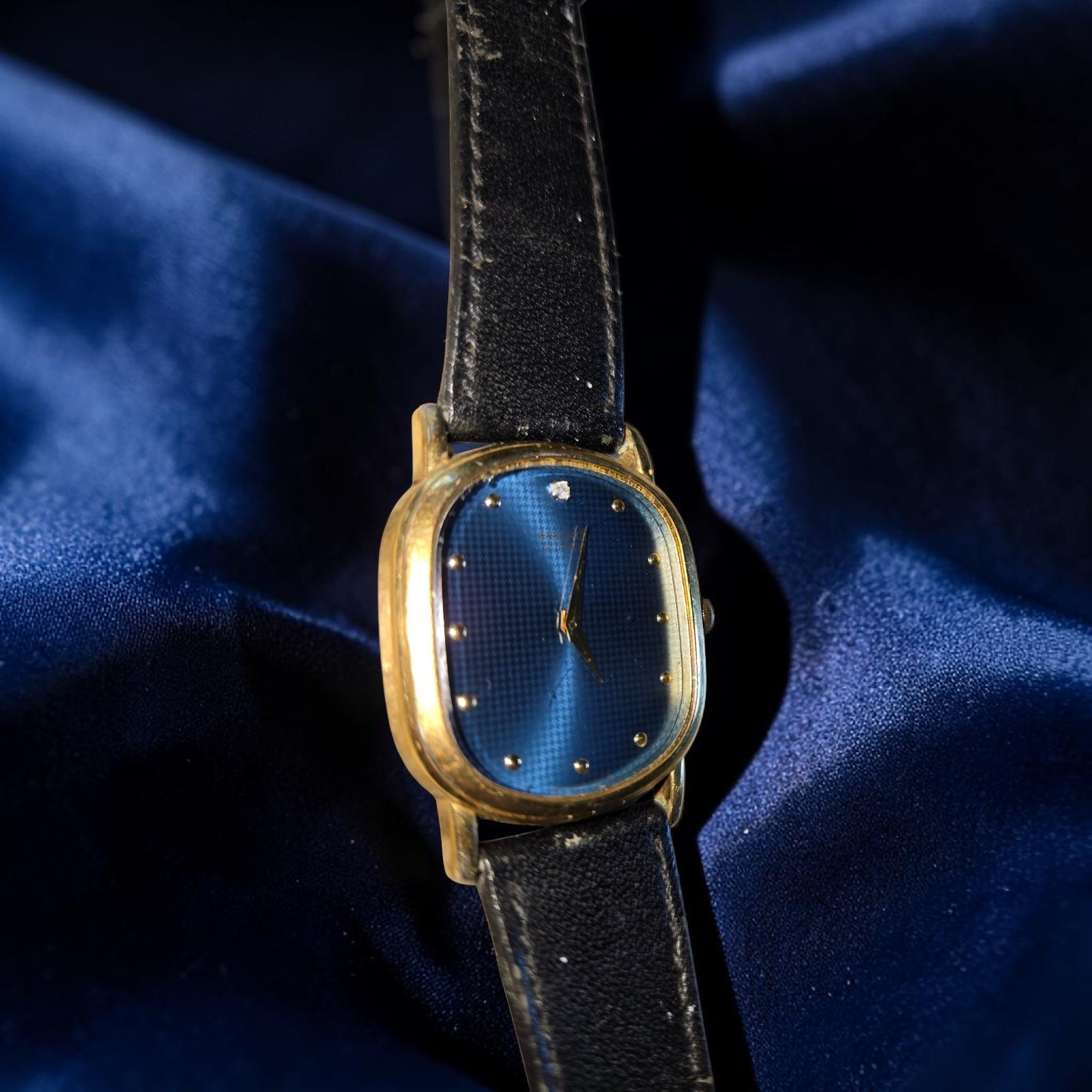 Vintage Gold Plated Rectangle Wristwatch Blue Sunburst Dial Black Leather Strap