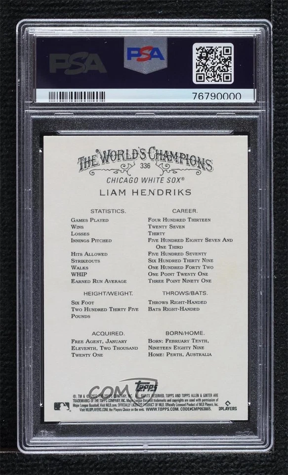 2022 Topps Allen & Ginter Short Print Liam Hendriks #336 PSA 10 GEM MT - Image 2 of 2