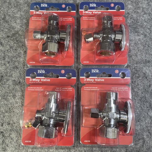 Lot of 4, 3-WAY VALVE Inlet 1/2" Outlet 3/8" x 1/4" OD Quarter-Turn Shut Off
