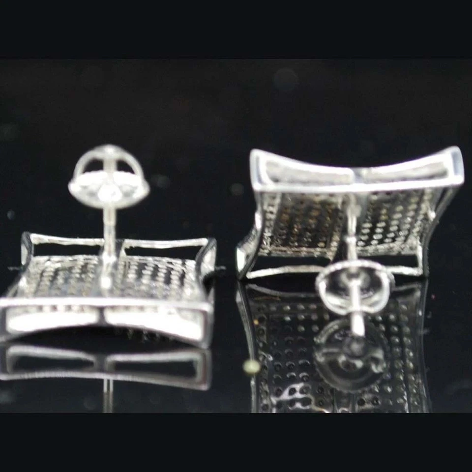 Brincos quadrados pavê folheados a ouro branco 14K com diamante preto corte redondo 1 quilate - Imagem 4 de 4