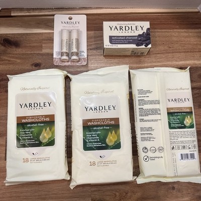 Yardley London Disposable washcloths & Charcoal Soap Bar &coco Pear Lip balm lot