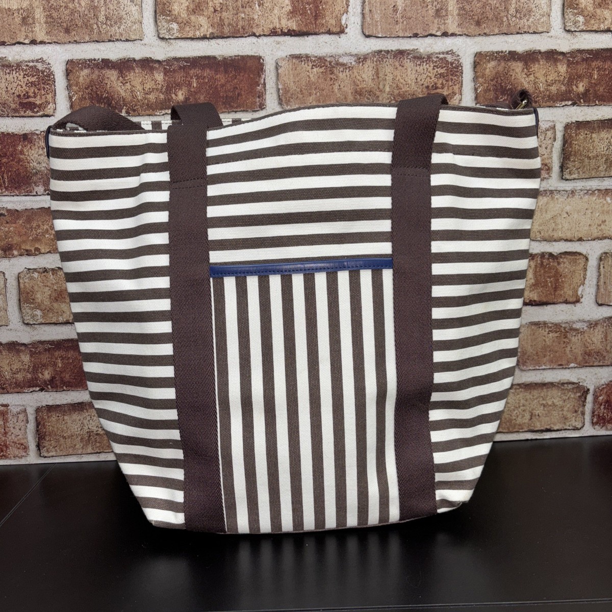 Henri Bendel Striped Tote Bag Purse Brown White Logo Canvas  display picture 1