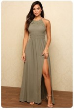 Lulus Maxi Dress NWT Olive Crochet Halter Boho Slit Tie-Back Women’s Size S/M