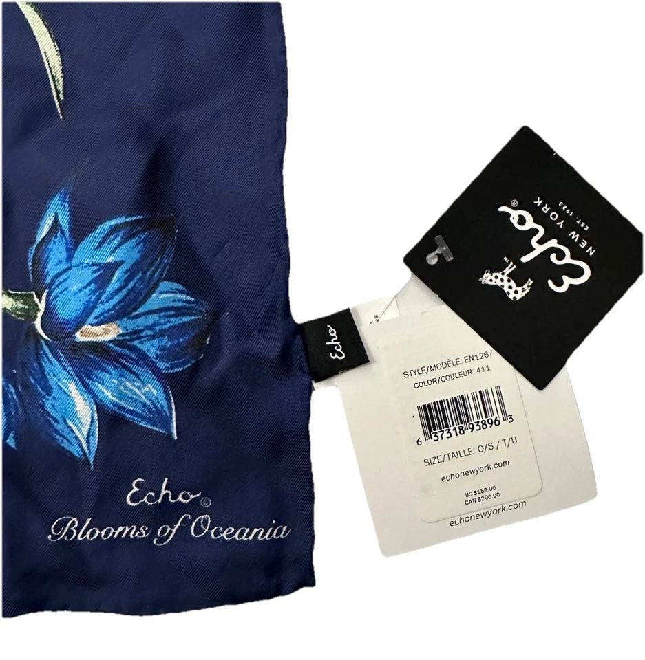 ECHO New York 100% Silk Twill Blooms Of Oceania Scarf NWT $159 Navy Blue 35 x 35 - Image 2 of 4