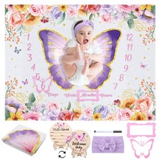 Butterfly Milestone Blanket Set for Baby Girls, Floral Monthly Baby Milestone...