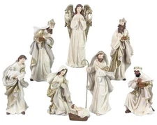 10" White & Gold Nativity Set - Set of 8 Holy Family, Wisemen, & Shepherd Kee...