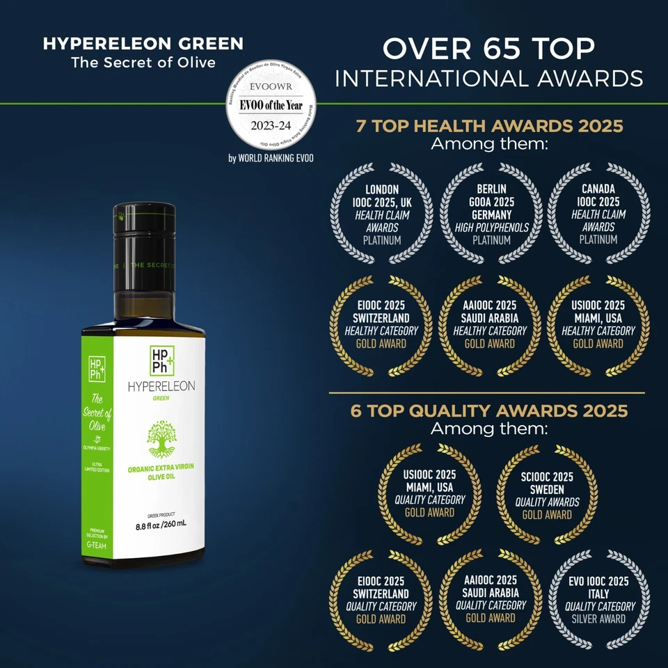 Aceite de Oliva HYPERELEON Verde Premium | Rico en Polifenoles | 65 Premios | 260 ml Foto 2 de 4