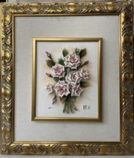 Capodimonte Linea Porcelain Flower Bouquet Painting Gold Frame Italy 25 X21 Mark