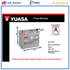 Car Battery YBX5057 Yuasa 049 450A 50Ah 5Yr WTY 238x129x223 Silver High Perf.
