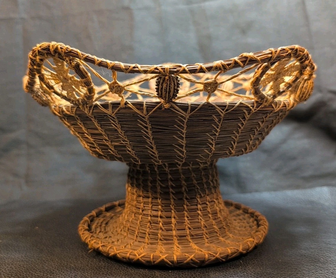 Antique American Pine Needle Basket Compote-Hand Tied- Seed Pod Accents Large 
