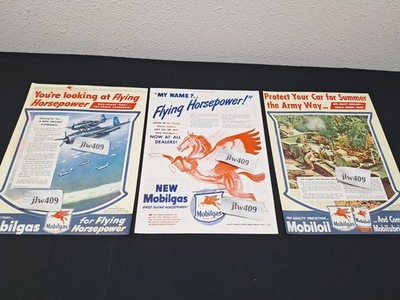 3 Vintage 1945 MOBILGAS MOBILOIL MOBIL GAS and OIL Print Ads Magazine Ads