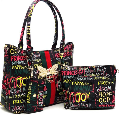 4-in-1 Alba Collection Graffiti Queen Bee Stripe ACCENT Satchel Bag Set Black