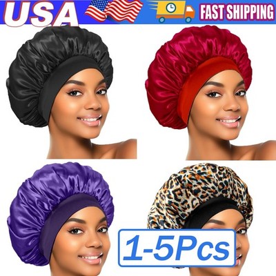 Women Satin Bonnet Night Sleep Cap Hair Hat Silk Head Cover Wide Elastic Band