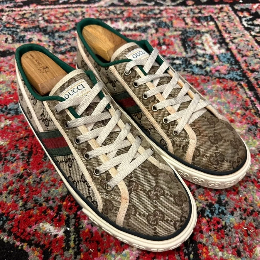 X GUC Gucci Tennis 1977 Sneaker Beige GG Supreme Canvas & Web Stripe Men's 11