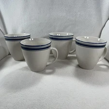 Housewares International Vernon CA Stoneware Mug White/ Blue Band Set 4