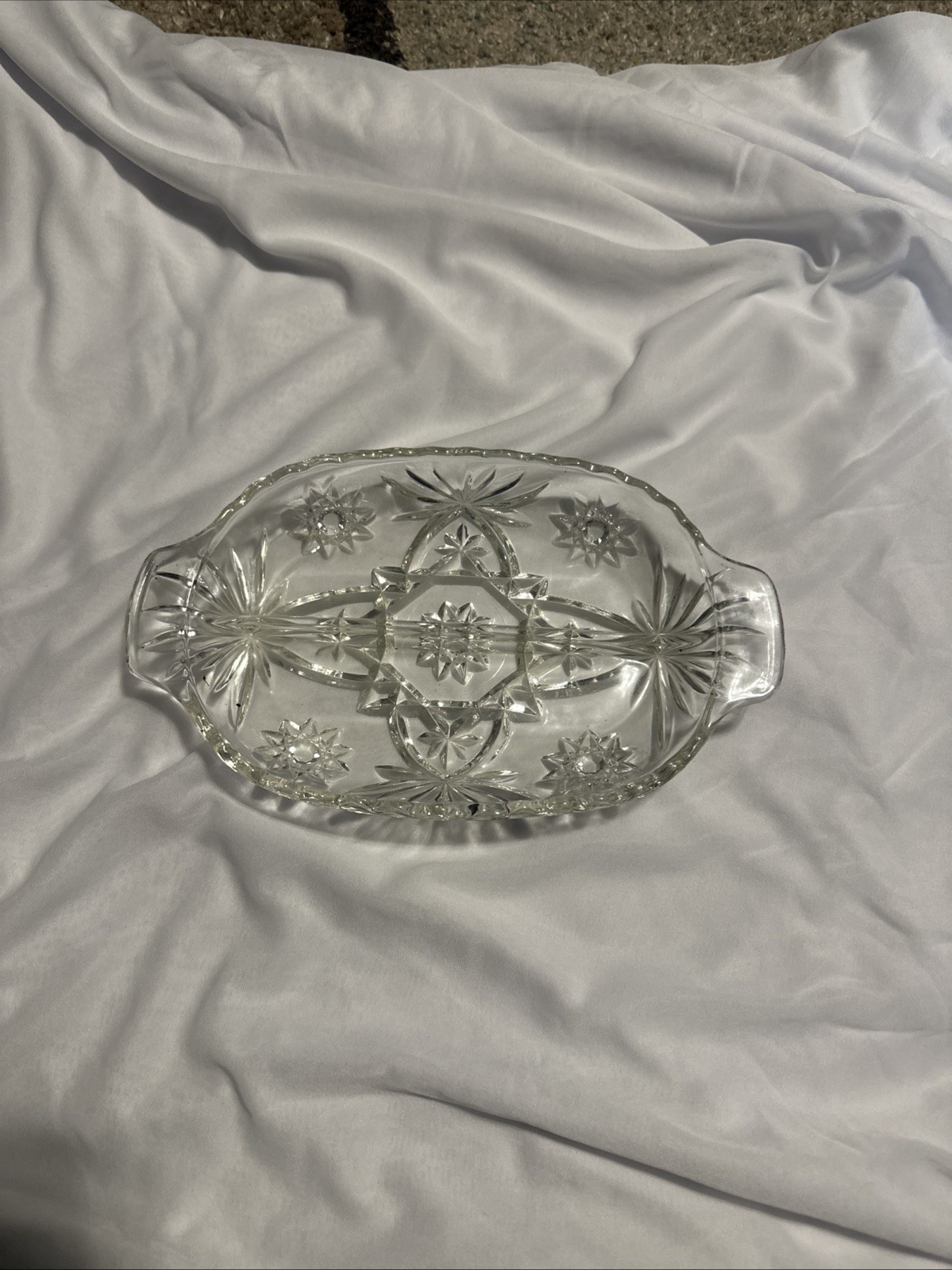 Vintage Pressed Cut Glass Clear Oval Divided Starburst Serving Candy Relish Dish