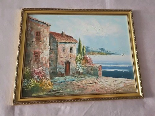 Pintura de colección al óleo paisaje arquitectura borde mar enmarcado-sin vidrio arte decoración - Imagen 2 de 8