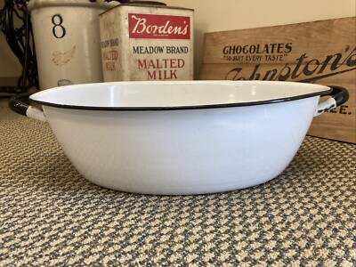 Vintage Enamel Ware Tub Basin Handles Oval Wash Bowl 18   White Black Baby Bath