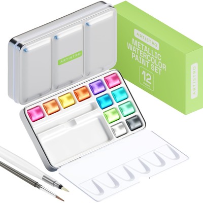 Metallic Watercolor Paint Set 12 Colors Travel Watercolor Set with Metallic W...