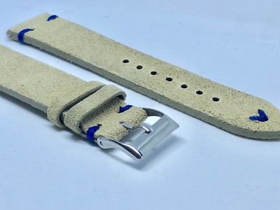 02 Straps Beige Khaki Vintage Suede Leather watch band strap 21mm Blue Stitching
