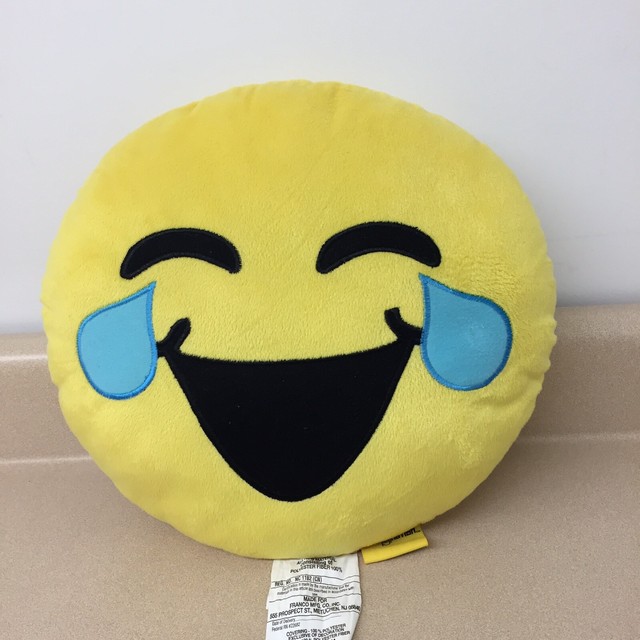Emoji Crying Face Cushion Pillow Yellow Round Plush Toy Soft 11” EUC