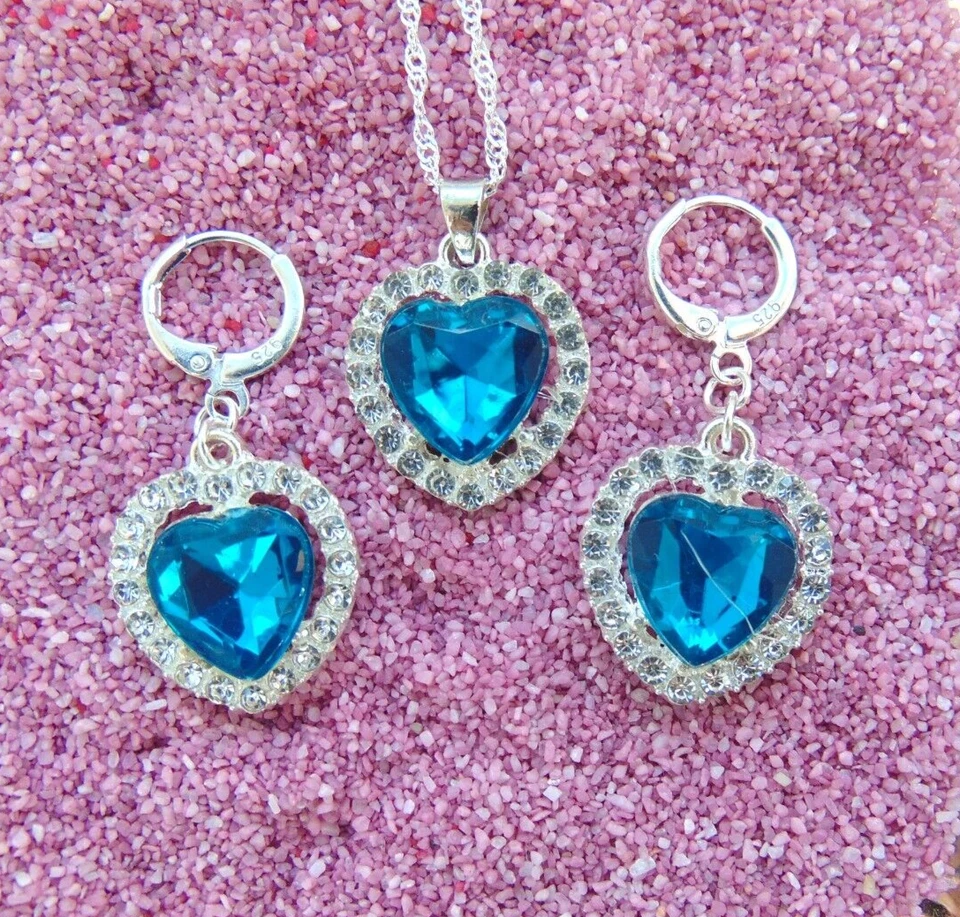 925 Silber Schmuck Set Herz Titanic Dunkel Blau Zirkon  Kette Anhänger Creolen - Bild 2 von 4