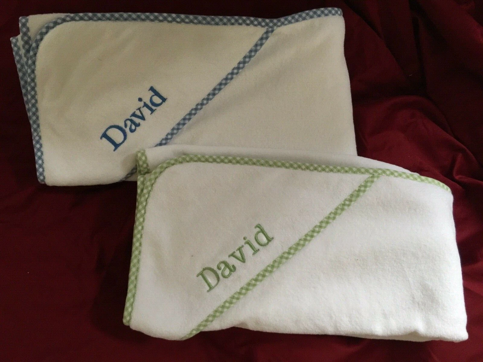 Pottery Barn Kids Blue and Green Gingham Nursery Bath Wrap "David" Set of 2 NWOT