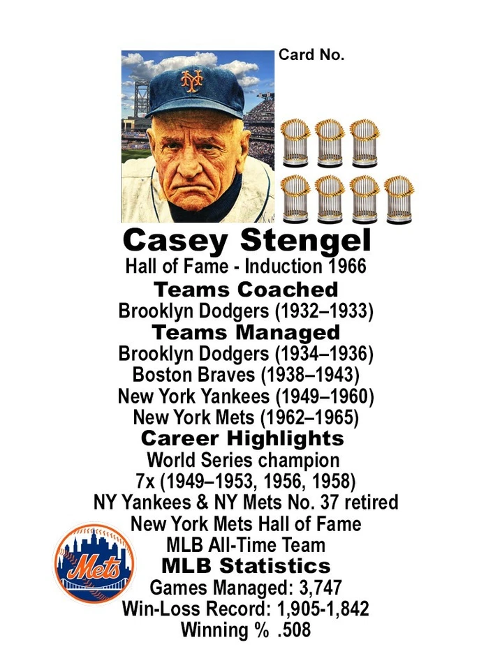 Casey Stengel Manager NY Mets – Cartão ACEO #21 numerado e assinado pelo artista - Imagem 2 de 4