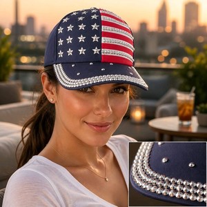 Rhinestone American Flag Baseball Cap Patriotic USA Sparkle Crystals Blue Hat