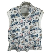 Line-Up Vintage Golf Novelty Print Full Zip Vest White Blue Pink Women Large